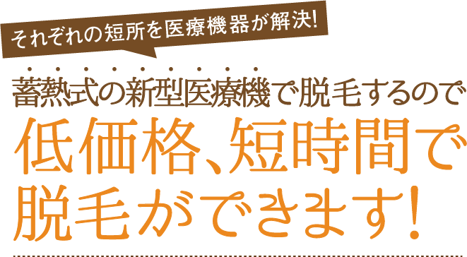 それぞれの短所を最新機器が解決! 最新機で脱毛するので 低価格、短時間で脱毛ができます！