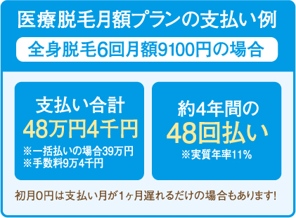 医療脱毛月額プランの支払い例 全身脱毛6回月額9100円の場合 支払い合計48万円4千円※一括払いの場合39万円※手数料9万4千円 約4年間の48回払い※実質年率11％初月0円は支払い月が１ヶ月遅れるだけの場合もあります！