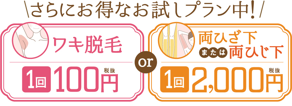 さらにお得なお試しプラン中！　ワキ脱毛1回100円税抜or両ひざ下または両ひじ下1回2,000円税抜 医療レーザー脱毛が驚きの100円から！